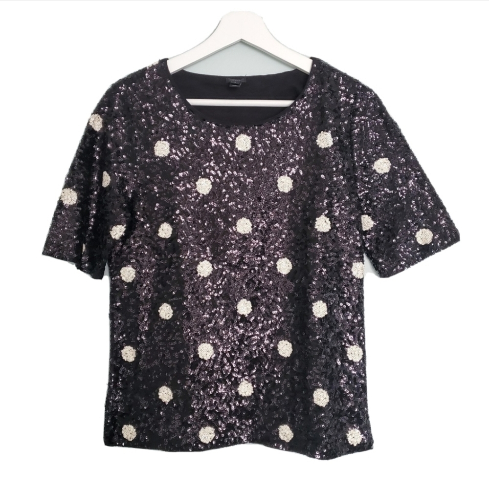 J.CREW Sequin Polka Dot Blouse Black White Short Sleeve
